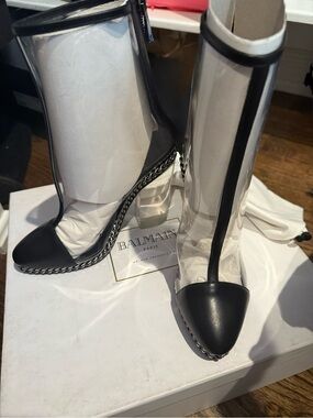 Balmain Black Trim Clear PVC Mid-Calf Heeled Boots